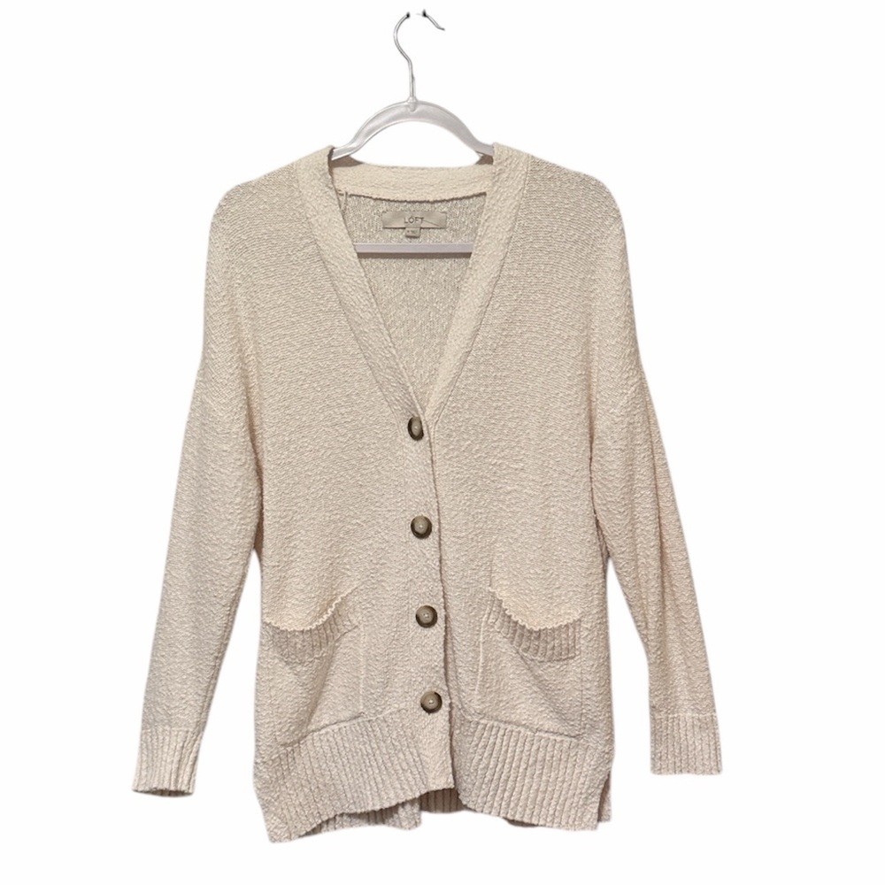 LOFT Button Front Cardigan Long Sleeve Sweater Knit Pockets White Medium